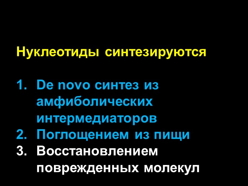 Нуклеотиды синтезируются by  De novo синтез из амфиболических интермедиаторов Поглощением из пищи Восстановлением